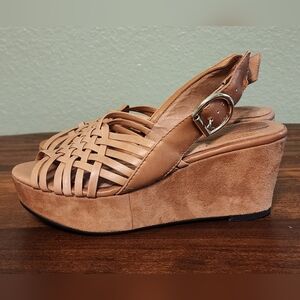 Ciao Bella Tan Woven Leather & Suede Platform Wedge Sandals Size 6